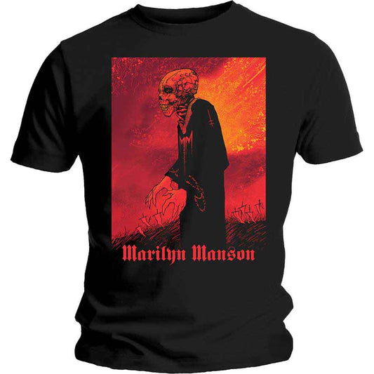 Black t-shirt with a red and orange graphic of a skull-like figure.