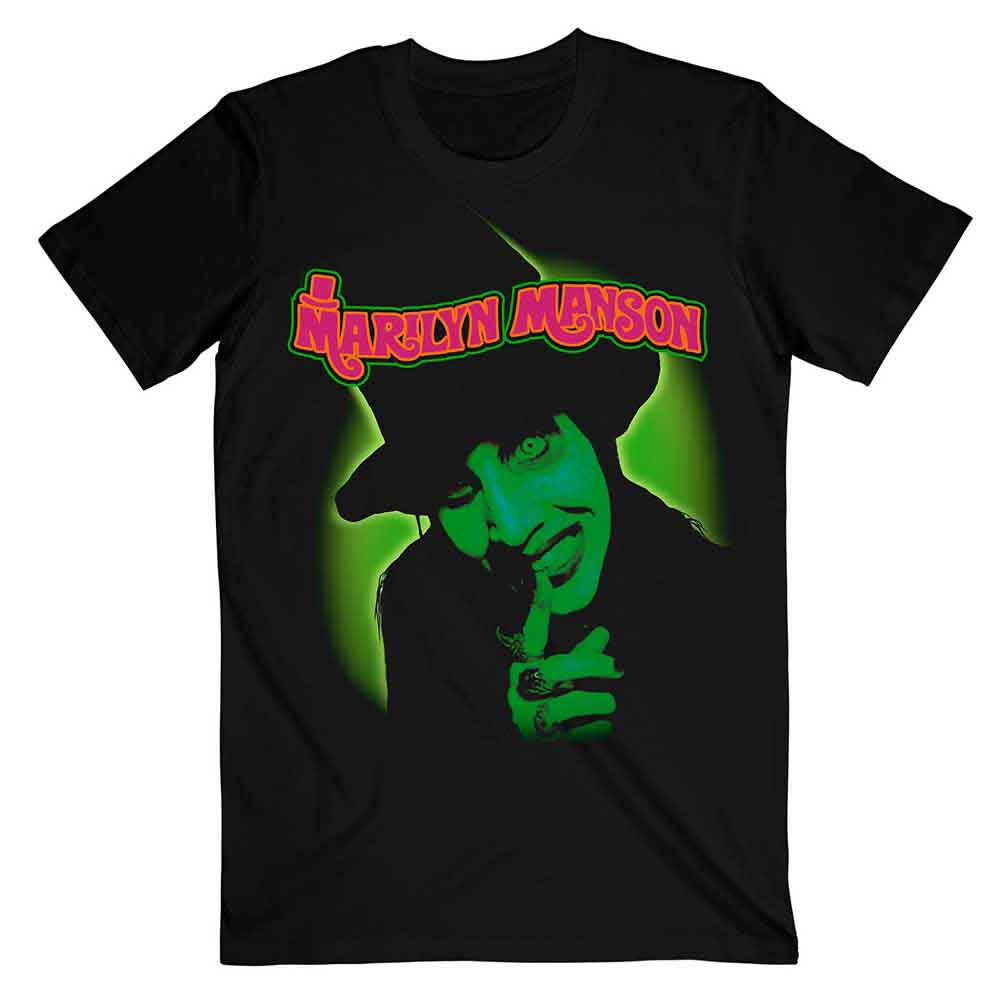 Black t-shirt with a green and pink Marilyn Manson graphic print.
