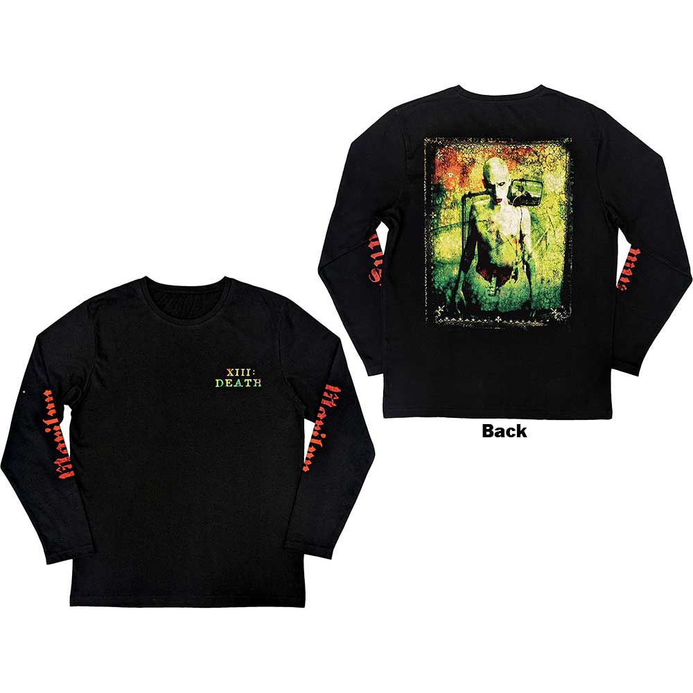 Black long sleeve t-shirt with Marilyn Manson “Death” graphic on back and sleeves.