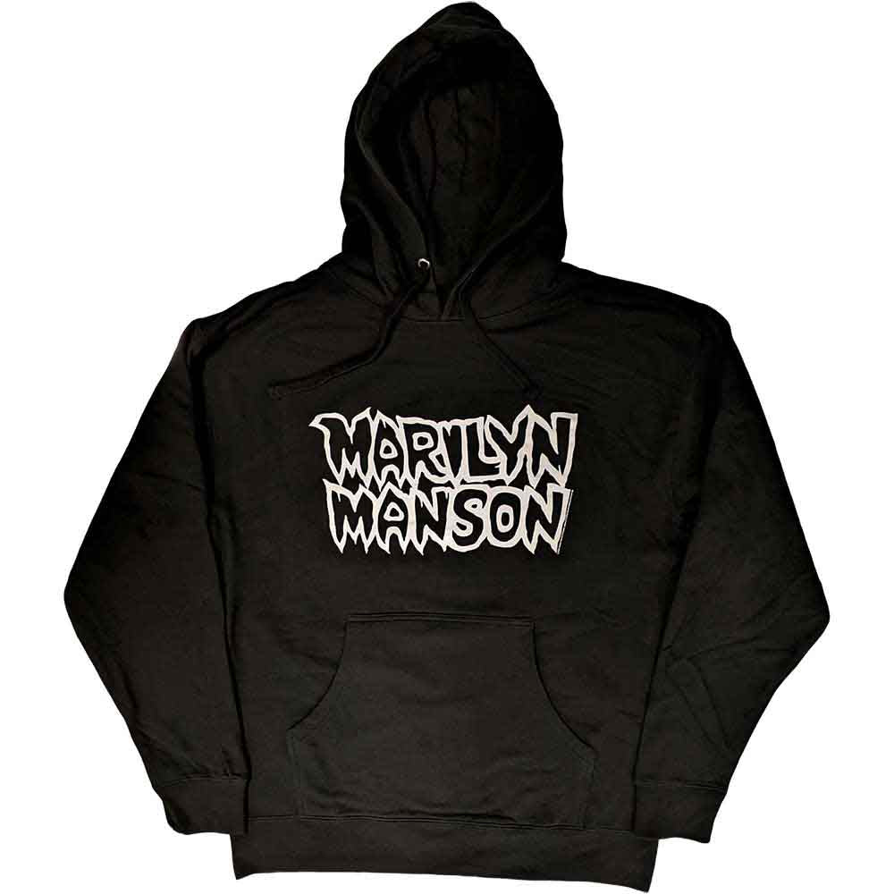 Black hoodie with large white Marilyn Manson classic logo, size X-Large.