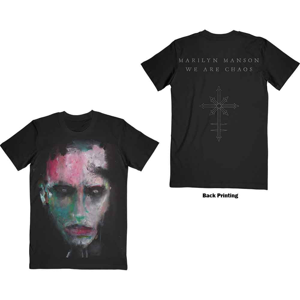 Black Marilyn Manson t-shirt showing a painted face on front and cross on back.