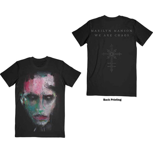 Black Marilyn Manson t-shirt showing a painted face on front and cross on back.