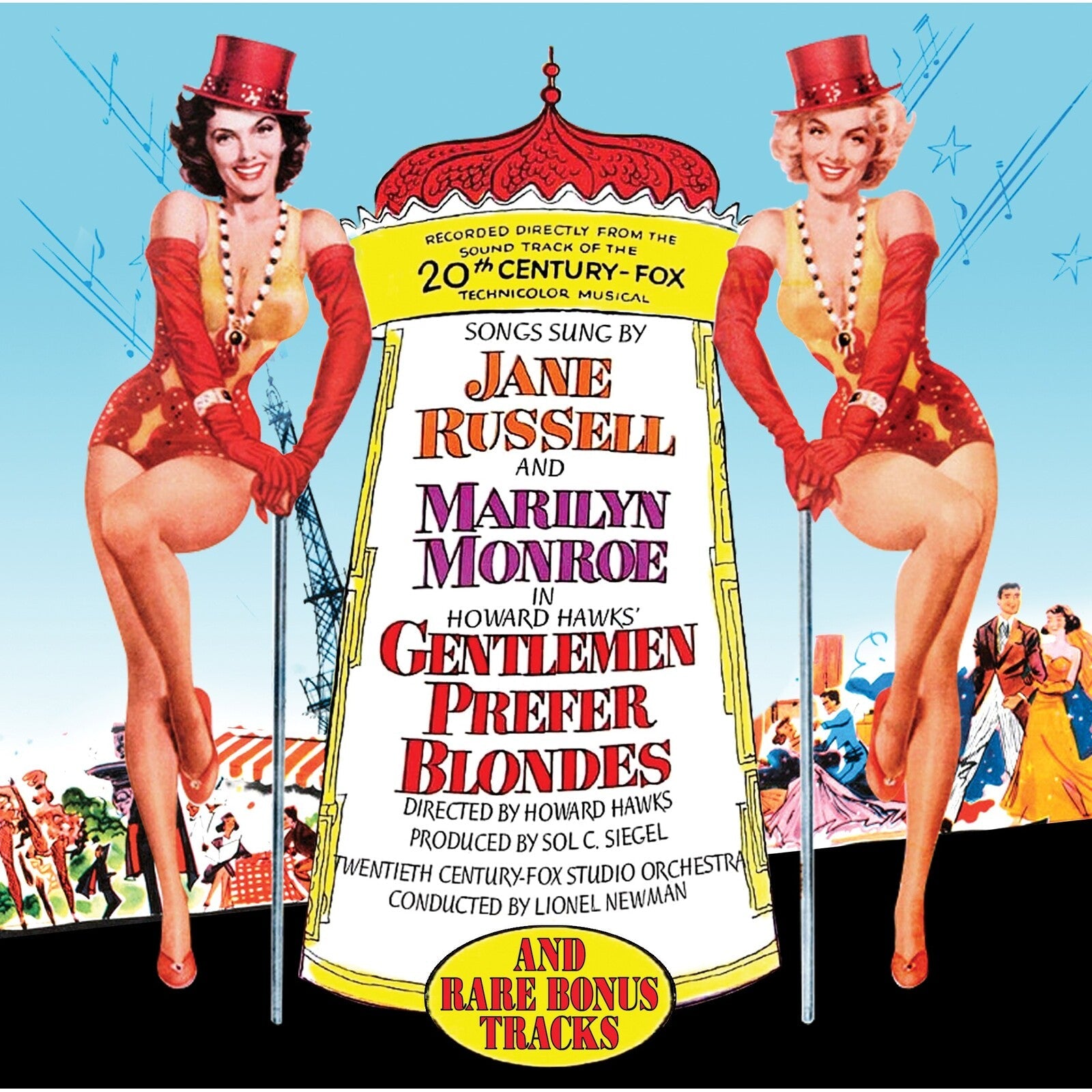 Jane Russell and Marilyn Monroe in stage costumes flanking the Gentlemen Prefer Blondes title text.