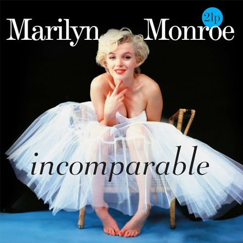 Marilyn Monroe wearing a white tulle skirt, sitting on a chair against black background.