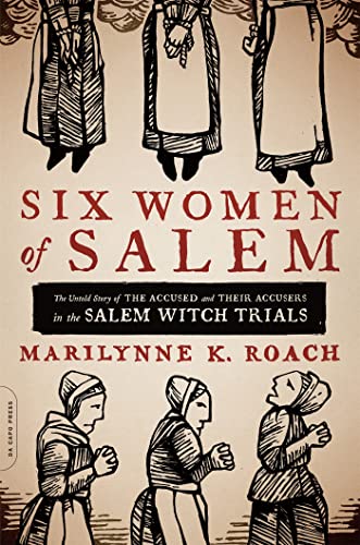 Book cover with woodcut-style illustrations of women and the title Six Women of Salem.
