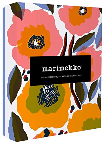MarLSLbox of Marimekko notecards featuring large, colorful stylized floral patterns in pink and orange.