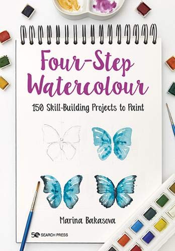 Watercolor painting instruction book with butterflies and art supplies shown.
