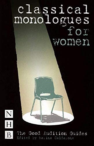 Book cover: "Classical Monologues for Women" with a stage chair illustration.