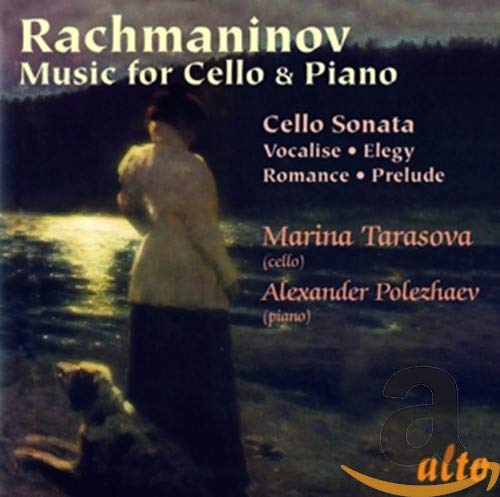 CD cover featuring a woman by a lake, text naming Rachmaninov and performers.