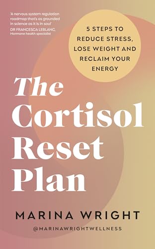 Book cover: “The Cortisol Reset Plan” by Marina Wright, with orange and pink tones.