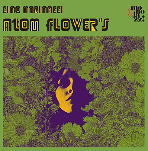 Album cover: face emerging from green floral pattern, text “Atom Flowers”.