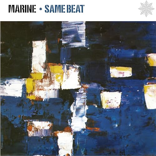 Album cover for Marine’s “Same Beat” featuring abstract blue and white paint strokes.