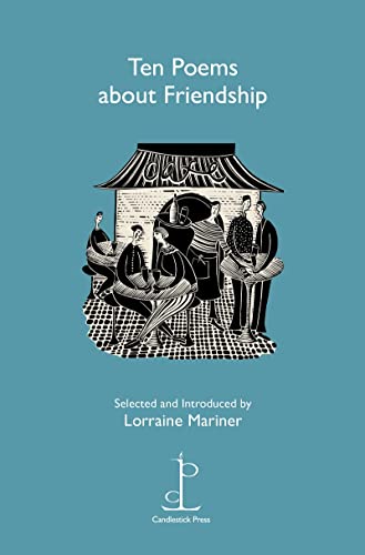 Book cover with blue background featuring a black and white illustration of people dining.