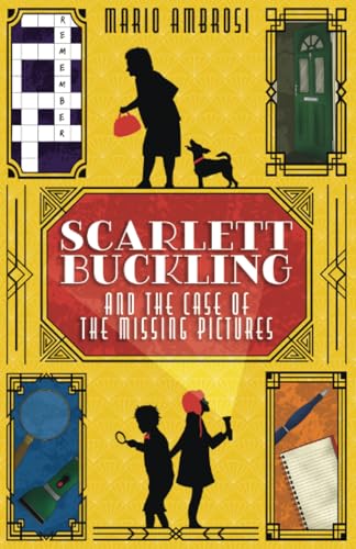 Book cover with silhouettes of people and a dog, crossword, and detective-themed icons.