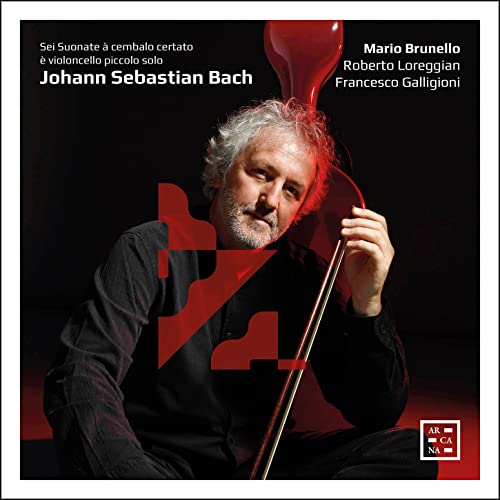 CD cover featuring portrait of Mario Brunello with a violoncello piccolo.