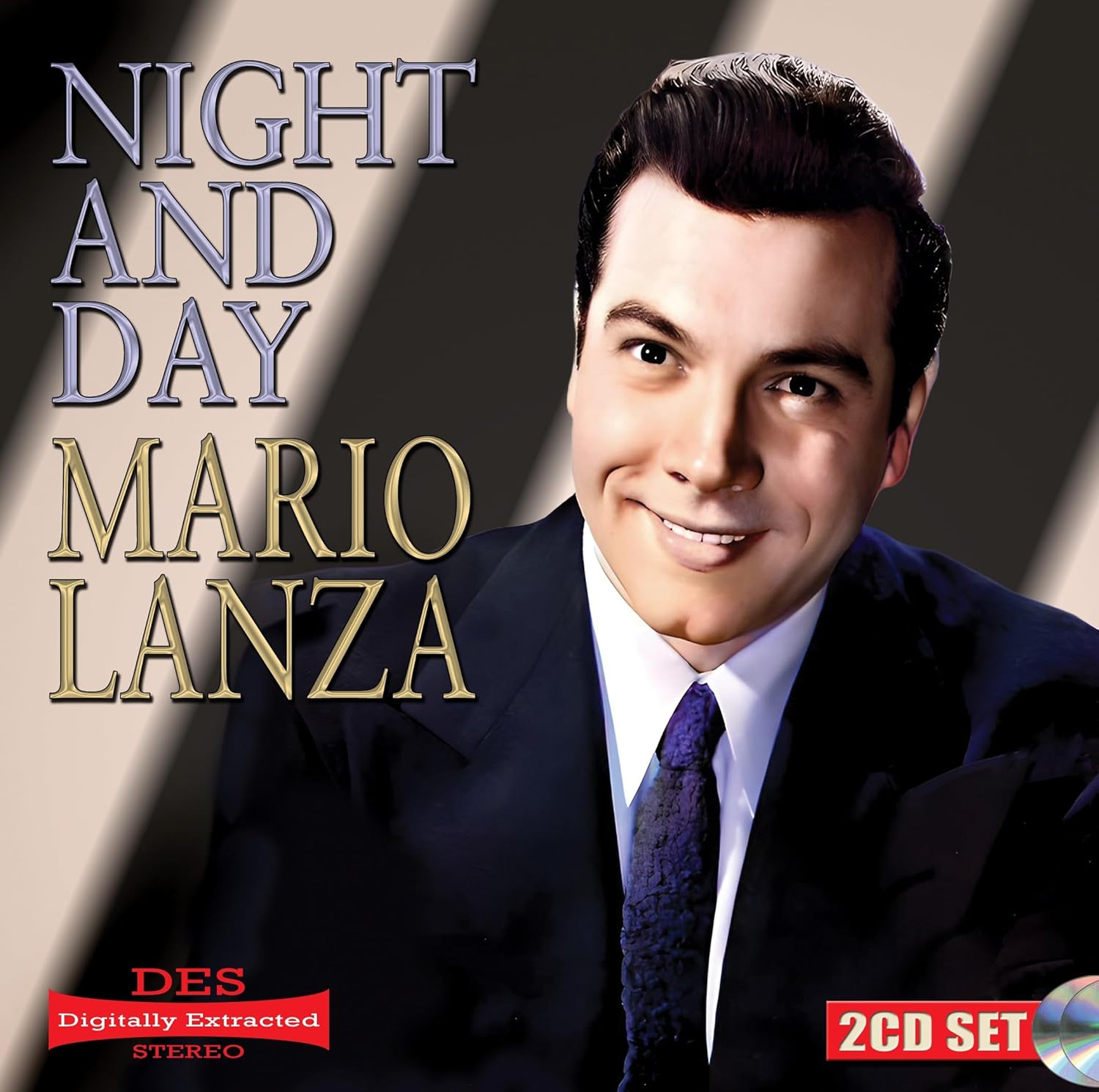 Mario Lanza portrait on a CD cover titled Night and Day with striped background.