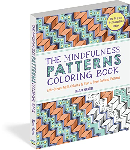 The Mindfulness Patterns Coloring Book cover featuring geometric stair-step patterns and text.