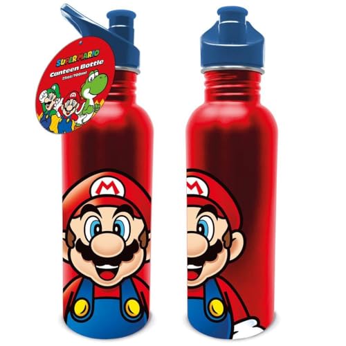 Red metal water bottle with Mario illustration and blue lid.