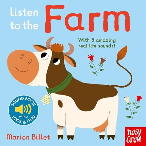 Children’s book cover featuring a brown and white cow with sound effects.