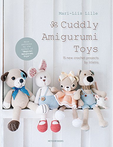 Book cover featuring four crocheted amigurumi animal toys sitting on a white wooden shelf.