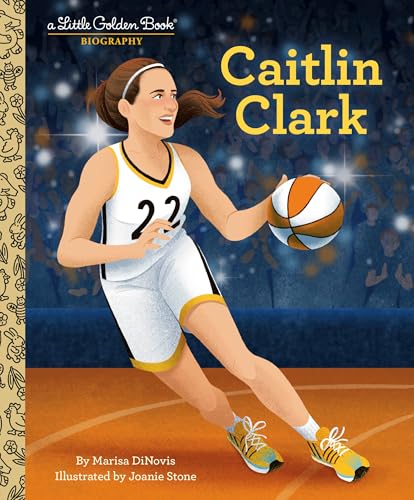 Caitlin Clark illustrated on a children’s book cover, dribbling a basketball.