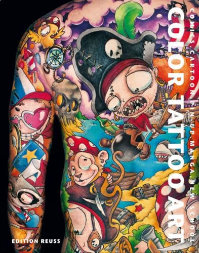 Colorful cartoon tattoos covering a person’s arm and shoulder.