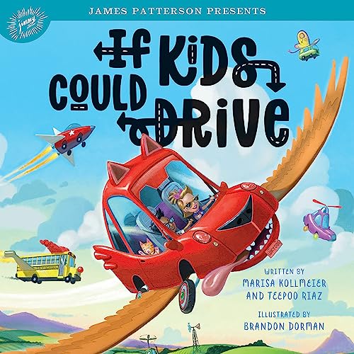 Book cover showing a red monster-shaped car flying with children inside against blue sky.