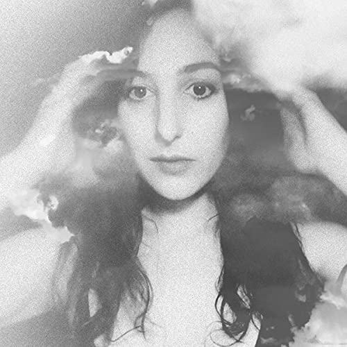 Black and white portrait of a woman with clouds obscuring her face.