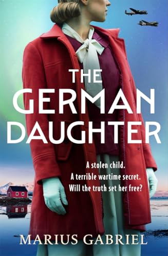 Book cover featuring a woman in a red coat, wartime planes, and coastal houses.