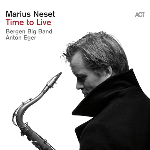 CD cover: Marius Neset with saxophone, black and white portrait.