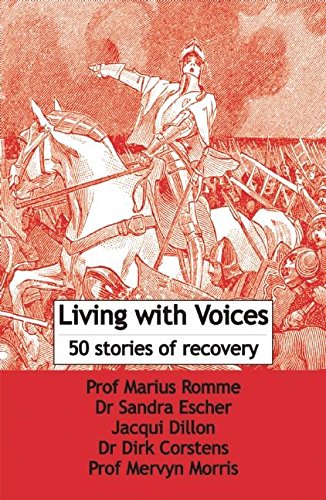 Red book cover with illustration of a rider and text: “Living with Voices”.
