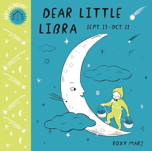 Book cover with crescent moon, child, and Libra symbol in illustrated style.