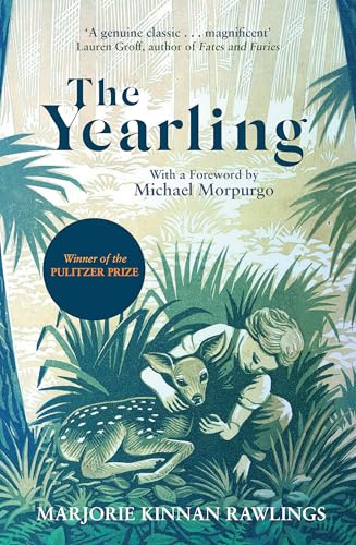 Book cover: boy with fawn in lush green foliage, “The Yearling.”