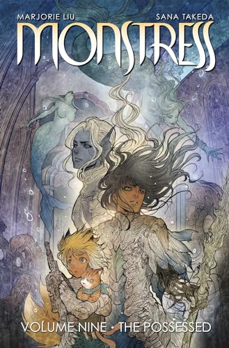 Cover art for Monstress Volume 9 featuring fantasy characters and a cat in water.