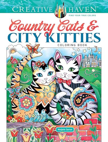 Coloring book cover featuring two patterned cats against country and city backgrounds.