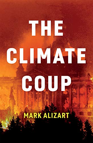 Book cover: "The Climate Coup" with a fiery, forest-filled background.