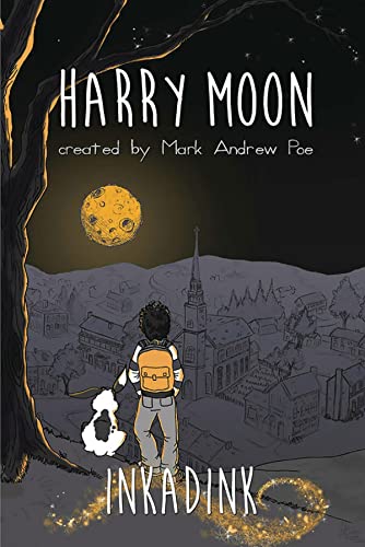 Boy and dog view a moonlit town from a hilltop, graphic novel cover.