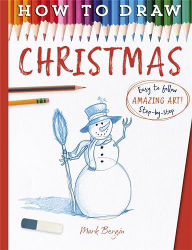 Book cover: "How to Draw Christmas" featuring a sketched snowman and art supplies.