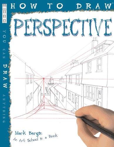 "Book cover with a hand drawing a street scene in perspective, titled 'How to Draw Perspective'."