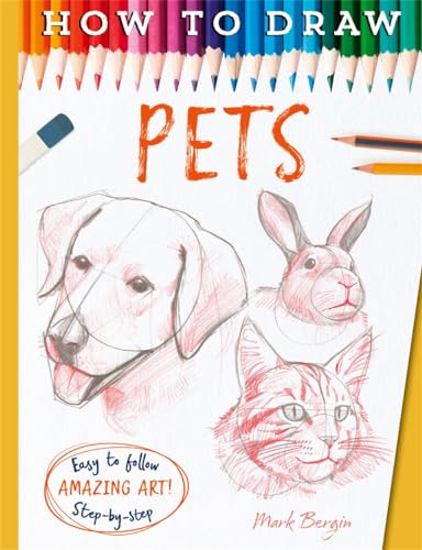 Book cover: “How to Draw Pets” with sketches of a dog, rabbit, and cat.