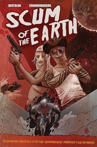 Comic book cover: two figures with guns, a robot, and a planet.