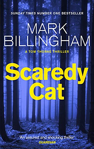 Book cover for "Scaredy Cat" by Mark Billingham, featuring a dark forest.