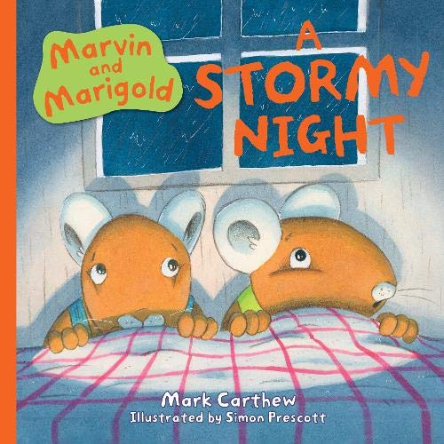 Two mice peek over a plaid blanket in front of a window during a storm.