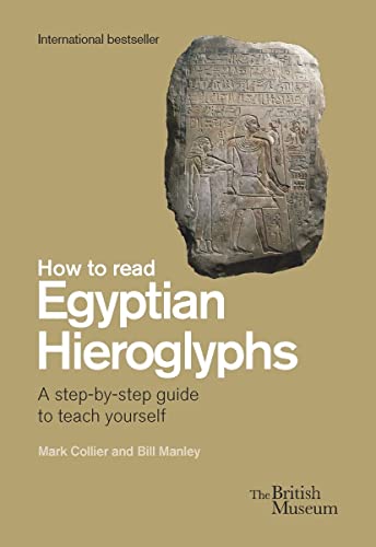 Book cover with Egyptian hieroglyphic images on a neutral background with title and author text.