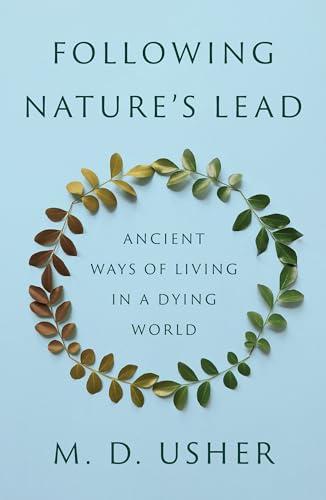 Book cover with wreath of leaves and title "Following Nature’s Lead".