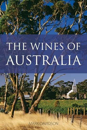 Book cover titled The Wines of Australia showing a vineyard, eucalyptus trees, and church.