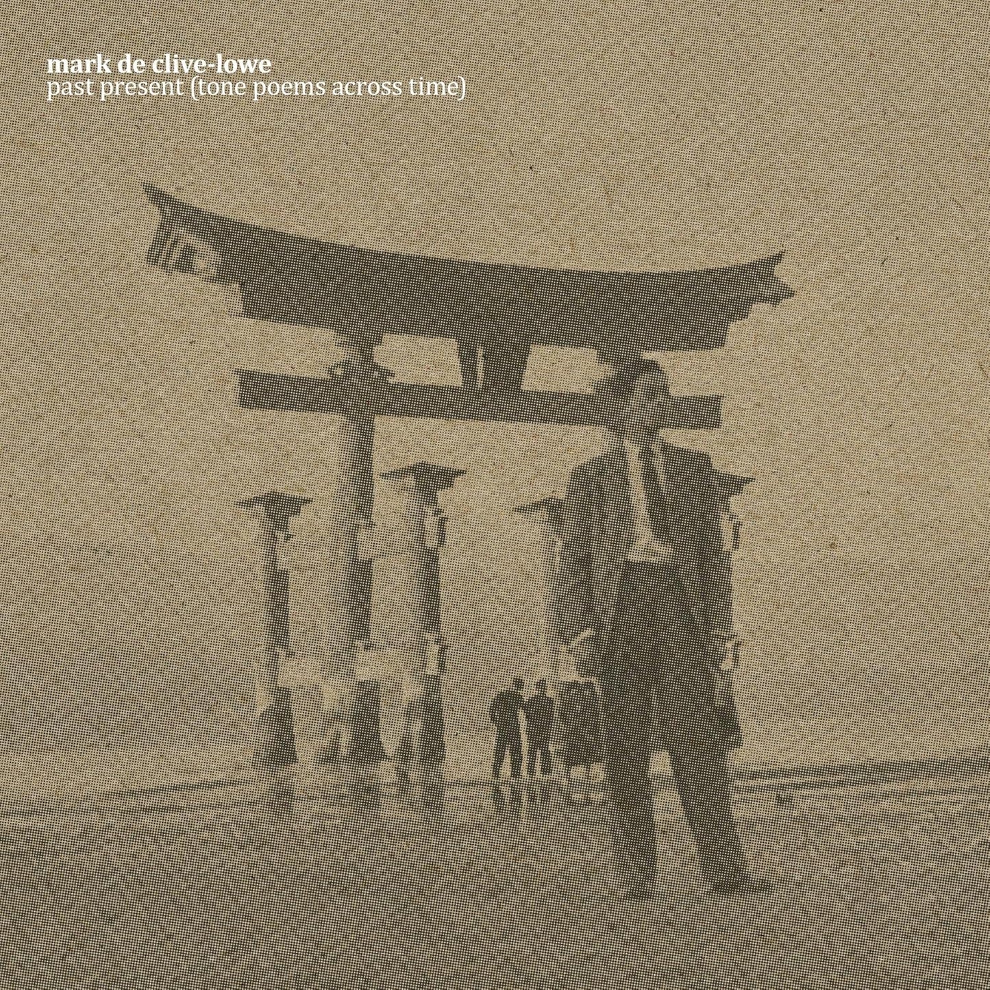 Vinyl album cover: monochrome image of a torii gate and a man.