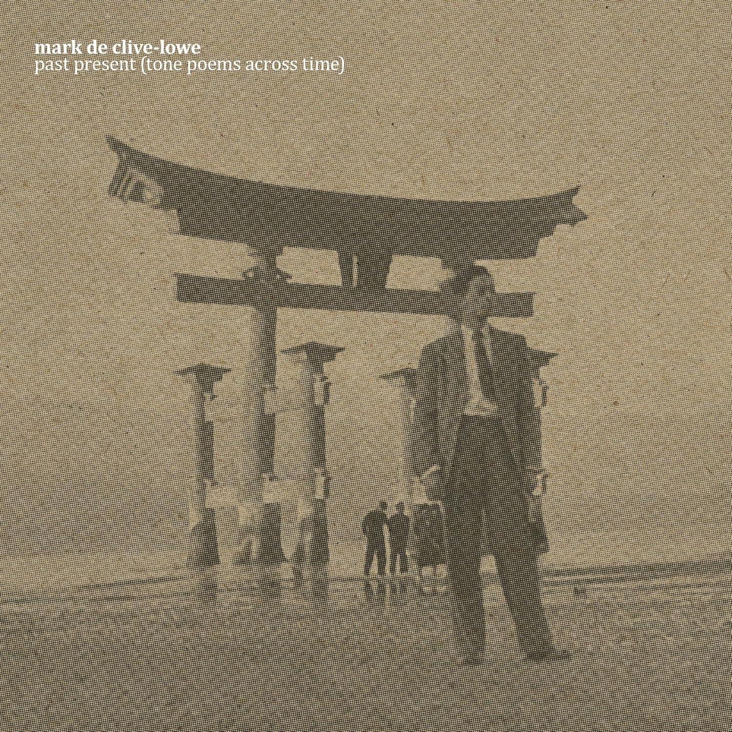 Vinyl album cover: monochrome image of a torii gate and a man.