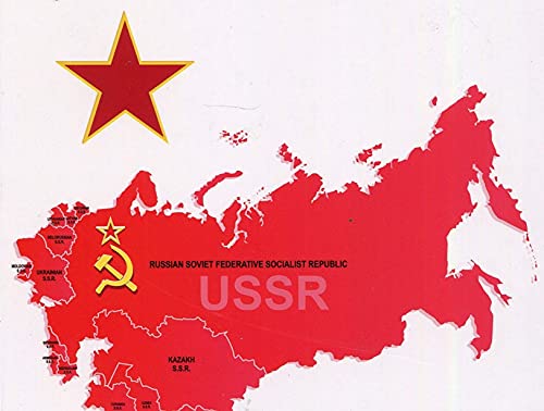 Red map of the USSR with a gold star and hammer-and-sickle.