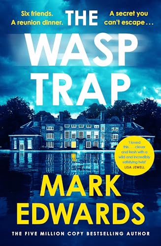 Book cover for “The Wasp Trap” featuring a large manor house reflected in water.